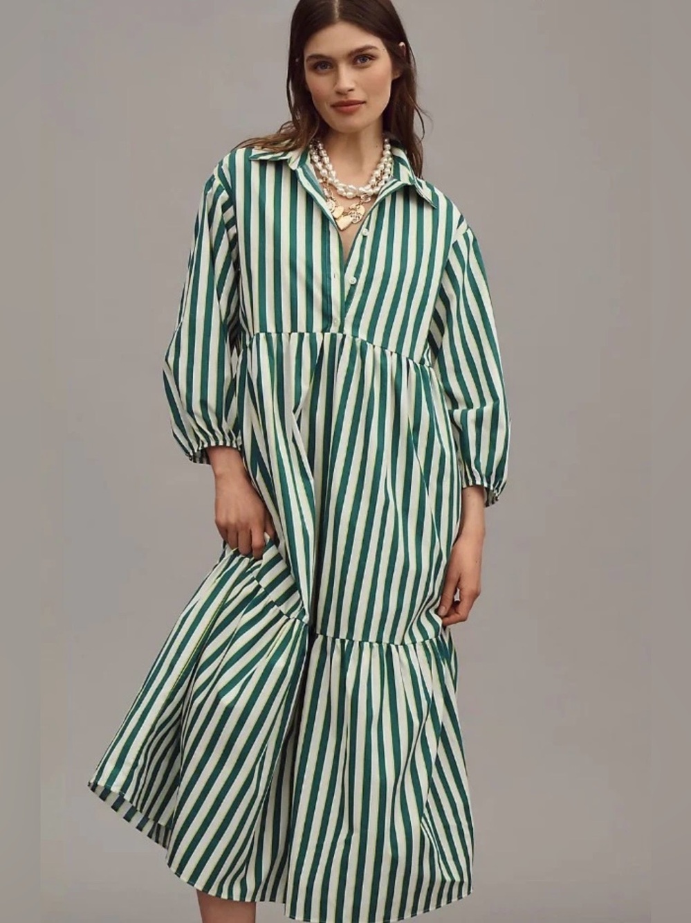 Bettina Tiered Shirt Dress Green Stripe Maeve Anthropologie Buttondown Sz XS NEW